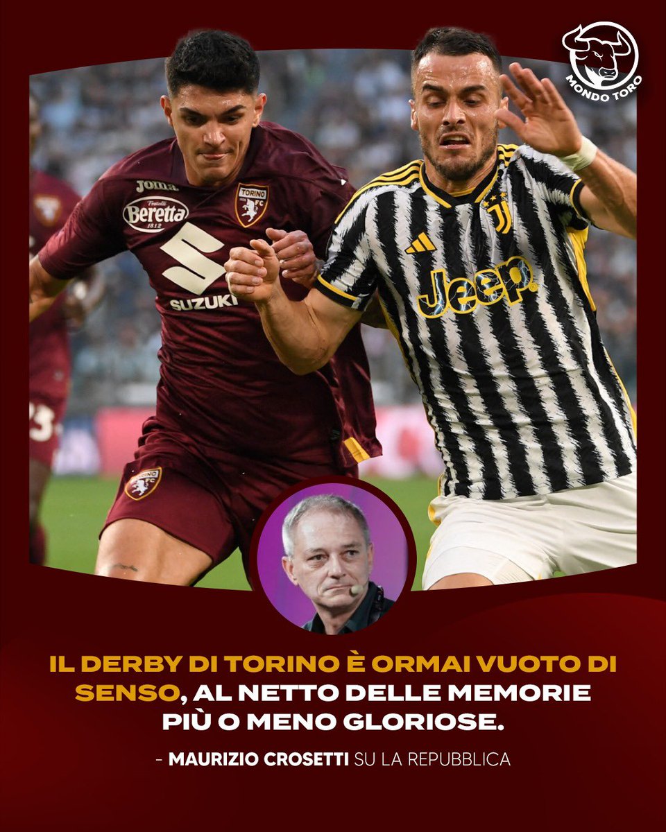 MondoToro_net's tweet photo. ⚫️ “𝐀 𝐓𝐨𝐫𝐢𝐧𝐨 𝐢𝐥 𝐝𝐞𝐫𝐛𝐲 𝐞’ 𝐬𝐜𝐨𝐦𝐩𝐚𝐫𝐬𝐨”
✍️ La riflessione di Maurizio #Crosetti su @repubblica di oggi.
💬 Cosa resterà del derby?…😔 https://t.co/MmatfdNkoK