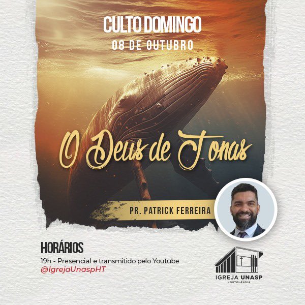 IgrejaUnaspHT's tweet photo. ⛪*CULTO ADORAÇÃO* 

Irmãos, vamos participar do nosso culto de hoje a noite, às 19h.
Ele será ministrado pelo _*Pr Patrick Ferreira*_, abordando o tema: _*O Deus de Jonas*_ 

*Envie o link para os seus amigos assistirem!* ⤵️
🎥https://t.co/QqljL0UhWx https://t.co/WFj1UsLvaX