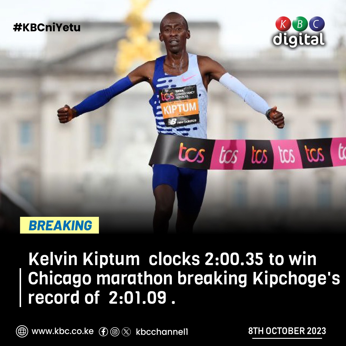 KBCChannel1's tweet photo. Breaking!
Kelvin Kiptum shutters  Eliud Kipchoge's marathon  World record in Chicago.
#KBCniYetu^EM https://t.co/awzfOF5waJ