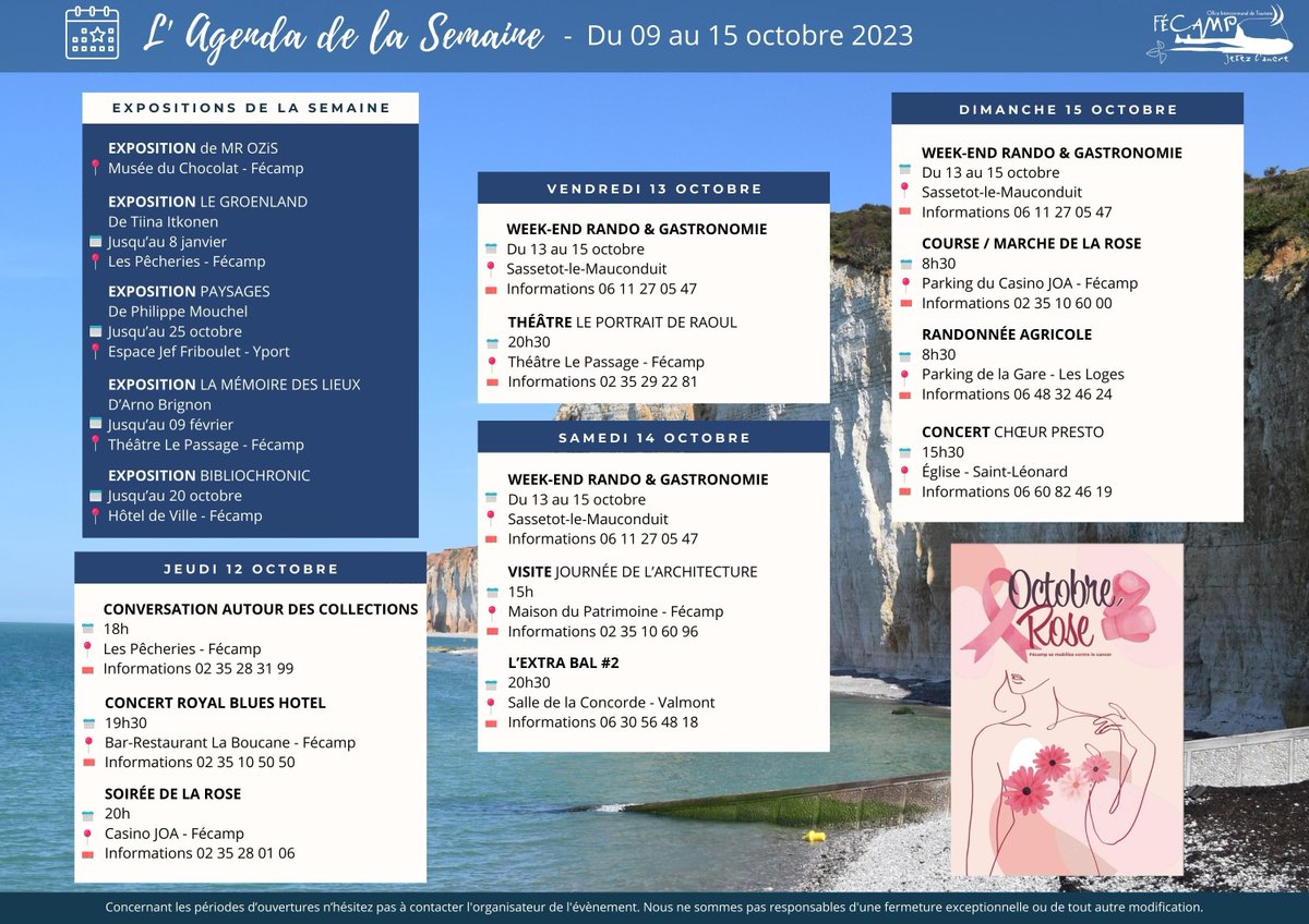📆 𝗔𝗚𝗘𝗡𝗗𝗔 𝗗𝗘 𝗟𝗔 𝗦𝗘𝗠𝗔𝗜𝗡𝗘 📆
Retrouvez chaque dimanche toutes les animations de notre destination 🤗
Plus d’informations 👉 buff.ly/41jCEJl

#fecamp #fecamptourisme #seinemaritimetourisme #normandietourisme