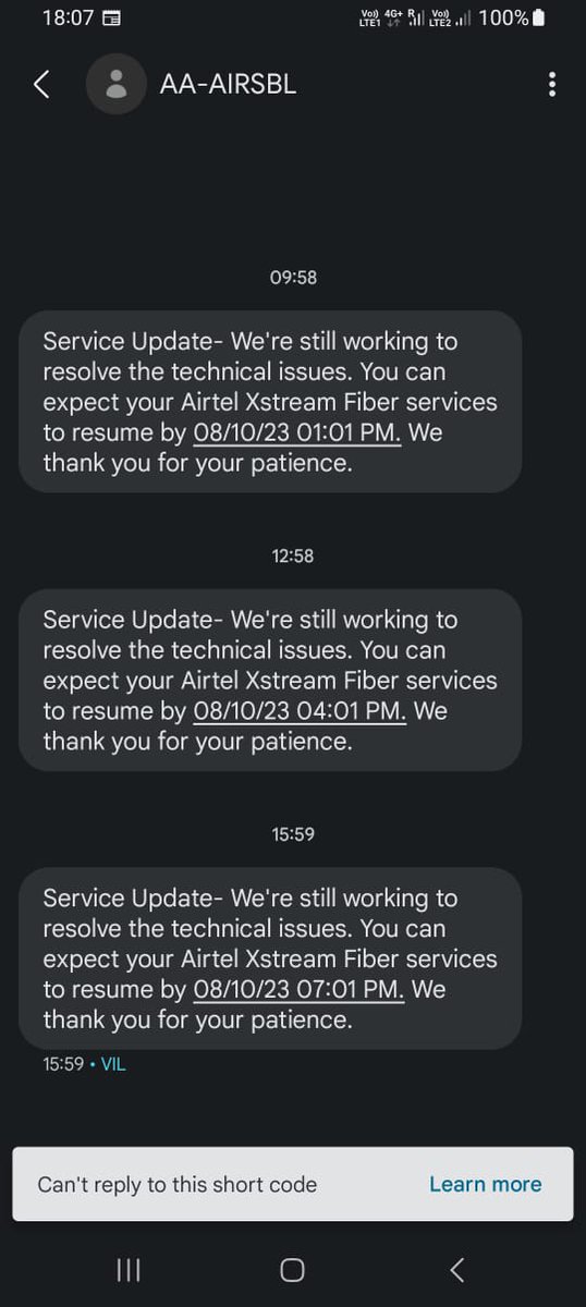 AmritaDasM's tweet photo. @airtelindia Raised a complaint in the morning about Internet Outage but it is still unresolved. Chatbots answer with the same automated replies and text messages received from Airtel merely extend TAT without providing any reason. No technician has visited or called. https://t.co/7PLsqh94Qz