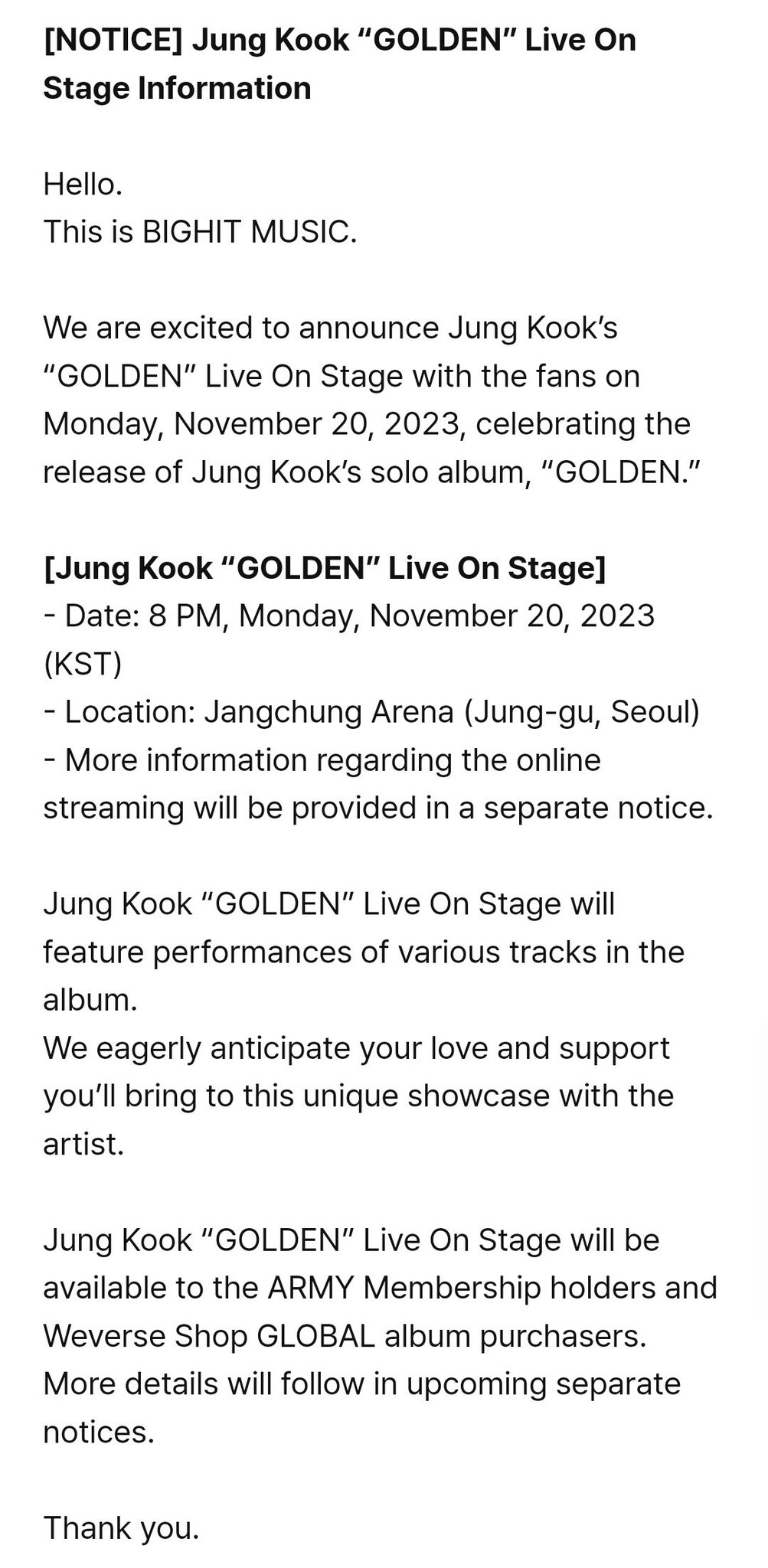 BTS's Jungkook Announces “'GOLDEN' Live On Stage” Concert