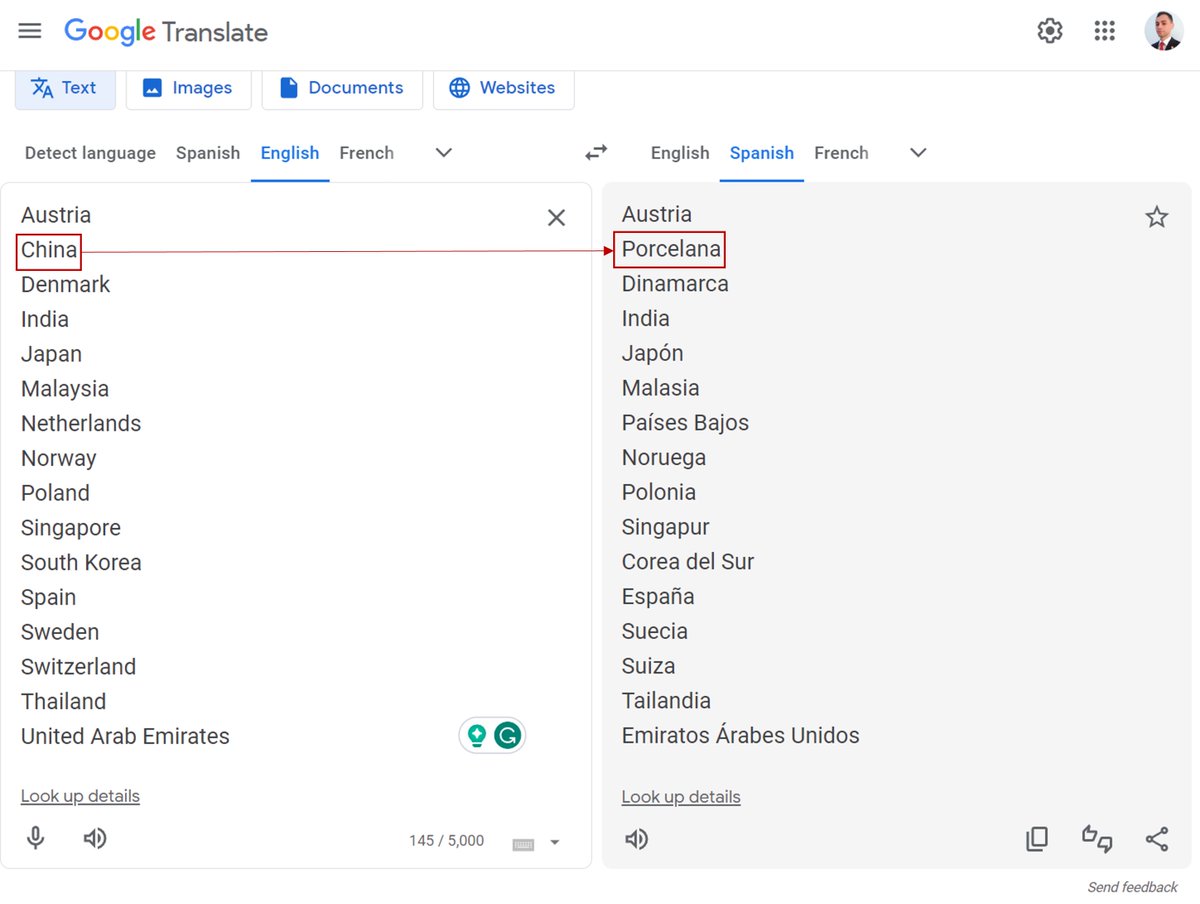 FedeStories's tweet photo. I didn't know that #China had a new #Spanish name, did you? @Google @GoogleTranslate
#GoogleBugs #GoogleTranslate #MachineLearning #Translating #DeepLearning #Technology https://t.co/lfurSAjPAE