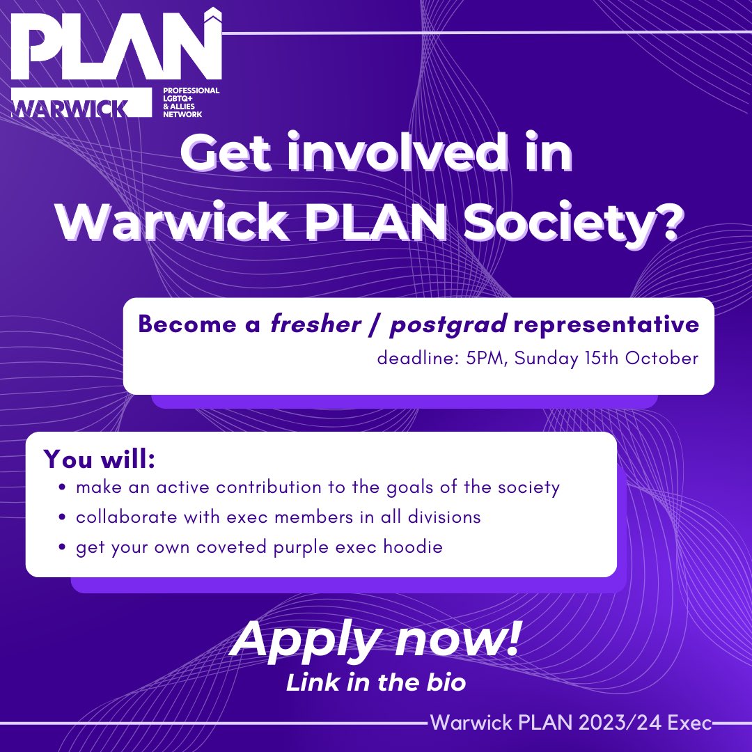Become a Freshers/Postgraduate Representative for Warwick PLAN!

If you are interested, please fill in the form (link in bio) by 5PM ON SUNDAY 15TH OCTOBER; we will get in touch about your application in the following days. We look forward to receiving your application!