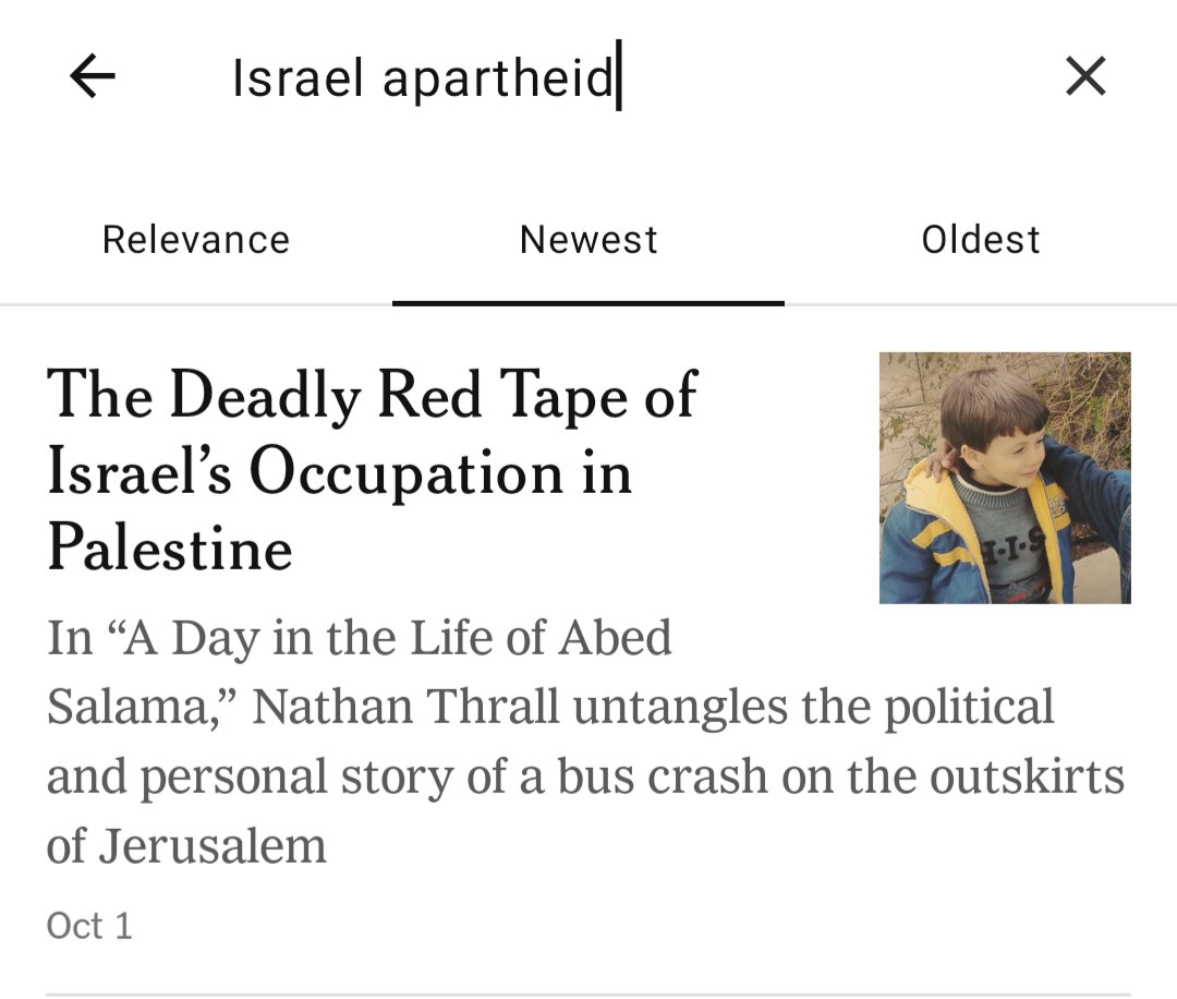 SunjeevBery's tweet photo. The @NYTimes has posted roughly 48 online pieces and links since the latest Israel/Hamas violence began.

None use the word "apartheid." 

The last appearance of the words "apartheid" and "Israel" in NYT were a week ago - for a book review.

#Israel
#GazaUnderAttack 
#Palestine https://t.co/btrmcm0nLg