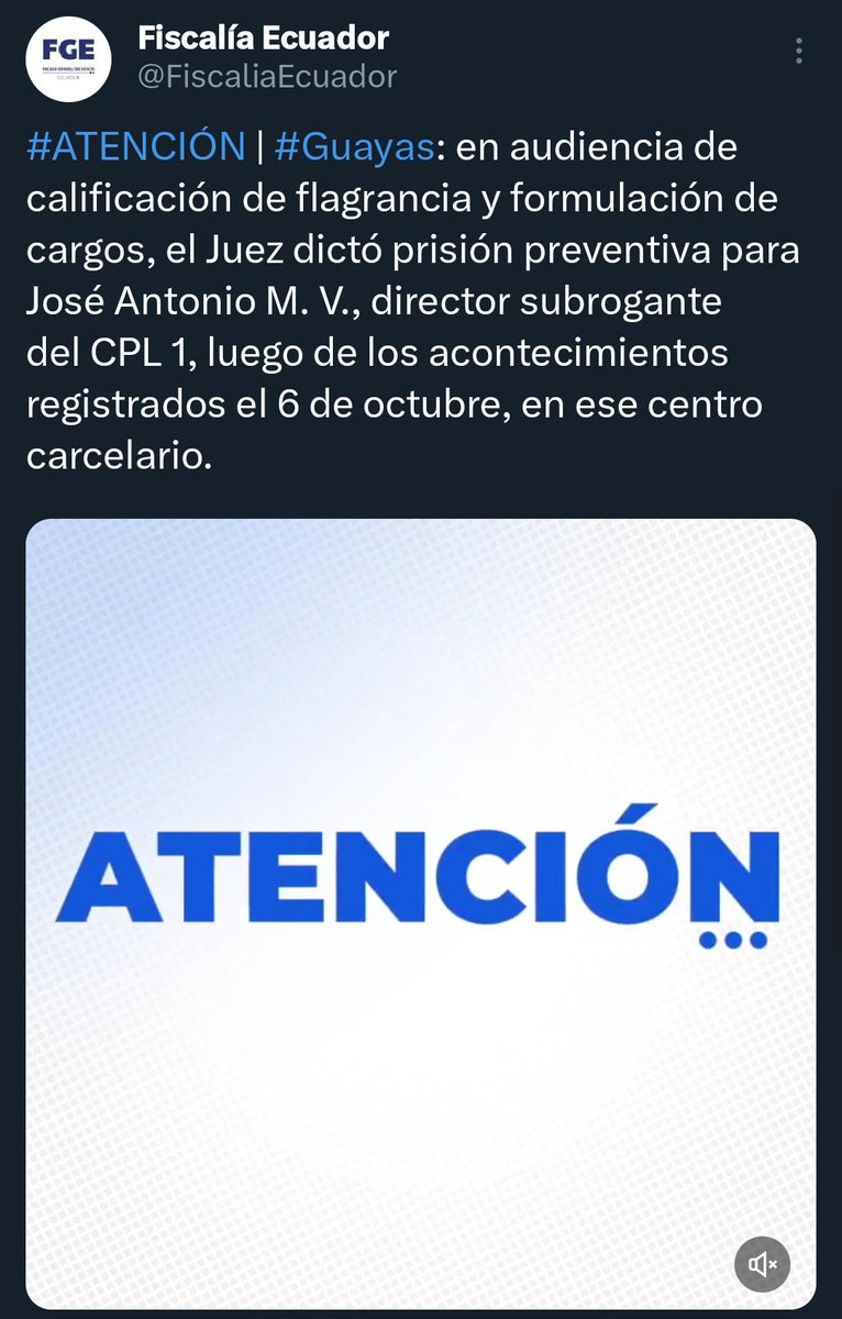ecuainm_oficial's tweet photo. ‼️#URGENTE
@FiscaliaEcuador informa que juez dictó prisión preventiva a José Antonio M. V., director subrogante de la Penitenciaría del Litoral, por los 6 sicarios de #FernandoVillavicencio asesinados el viernes. https://t.co/7wUxsfX60C