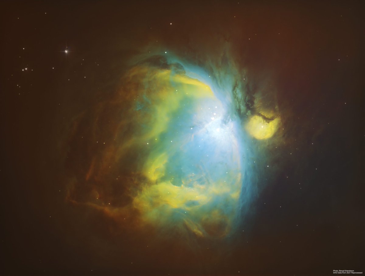 3erland's tweet photo. Tested some processing techniques on M42 data from 2021. S2, Ha, O3 images combined to a colourful nebula. Enjoy 😊 https://t.co/9rZheq0vwb