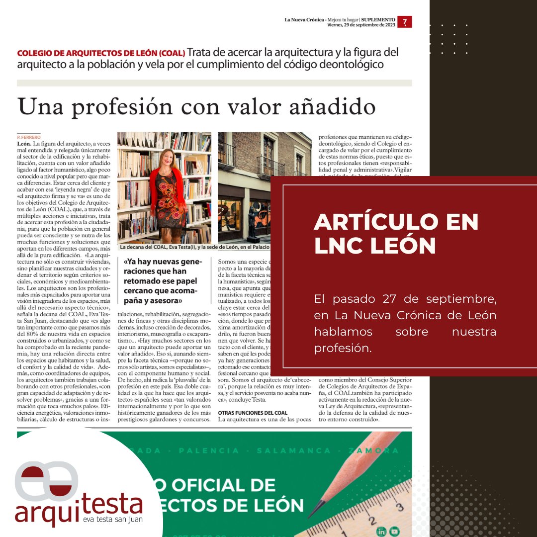 arquitestaleon's tweet photo. 📅📰 El 27 de septiembre, @LNCleon presentó nuestro artículo "Una profesión con valor añadido" de @coalarquitectos, donde destacamos nuestra pasión por la profesión. 💪🏛️

Leer completo: https://t.co/FO5RBu8FMF

#COAL #ProfesiónConValor #Arquitectura #LaNuevaCrónica https://t.co/XrXGsU1jaZ