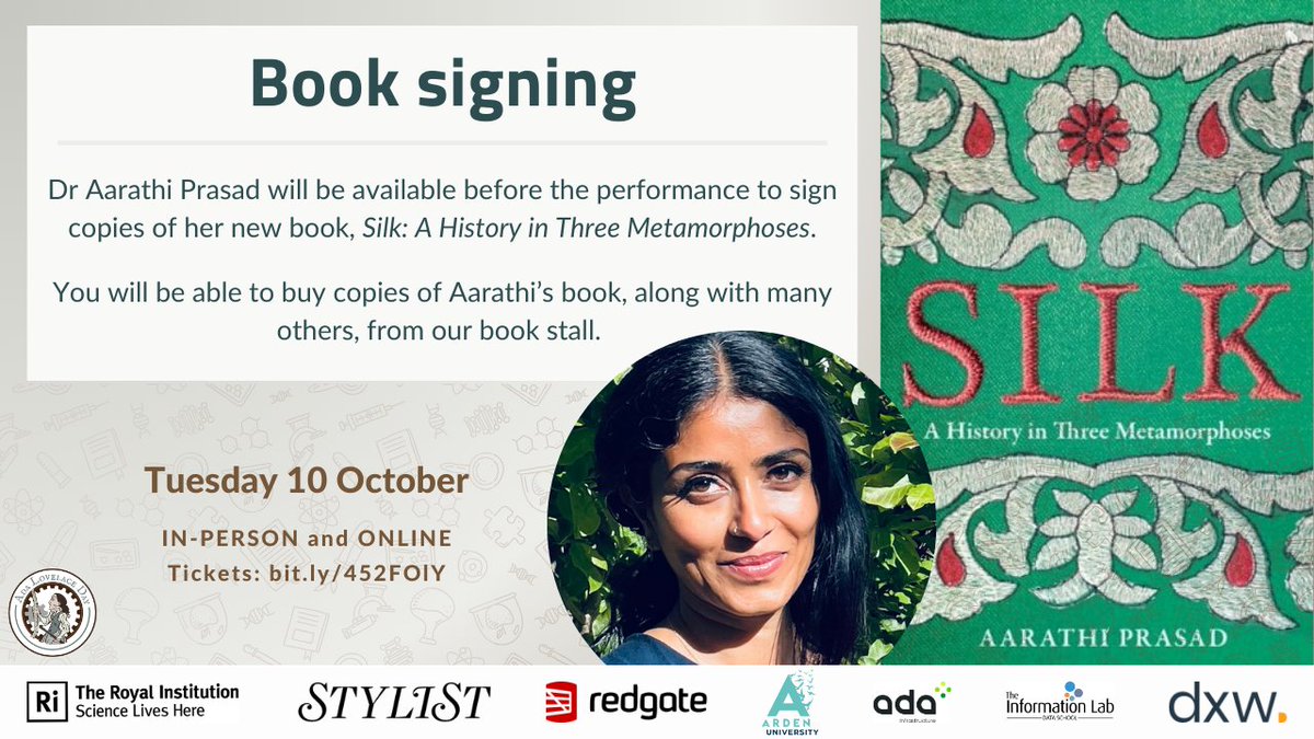 FindingAda's tweet photo. There is not just one story of silk.
In silk is science, history and mythology.
In silk is the future.
Dr Aarathi Prasad will be signing copies of her new book ahead of the #ALDLive23 performance next Tuesday evening at @Ri_Science. Don't miss out! https://t.co/6iEL4VQ4KG https://t.co/4Dalsfdiz7