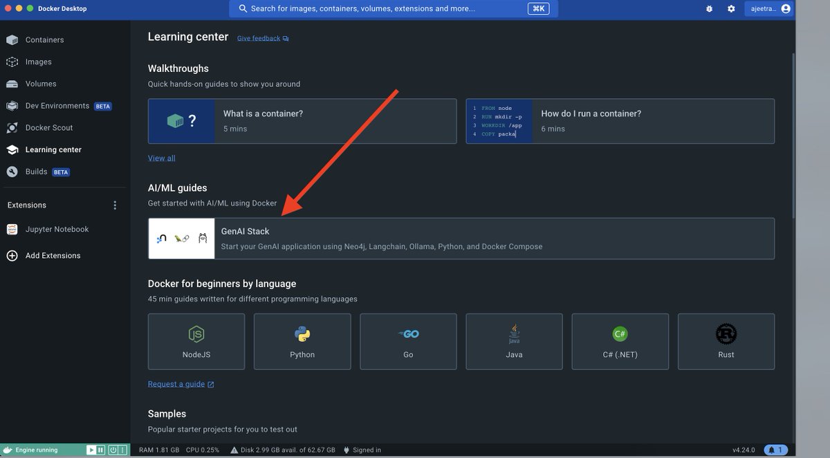 If you're interested to get started with GenAI Stack, install Docker Desktop and browse Learning Center under Docker Dashboard.