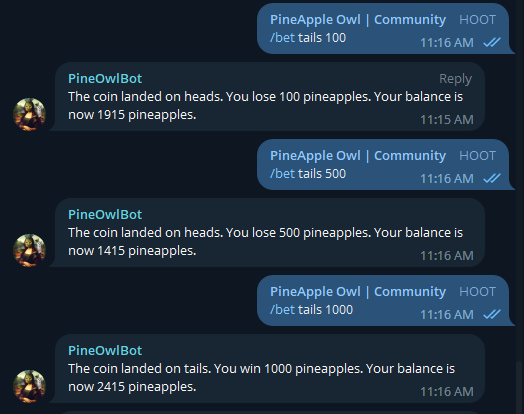 GM frens! one of our amazing community members has made us our own PineOwlBot to coinflip within our chat, come join us frens 🍍🍍#HOOT #HOOT