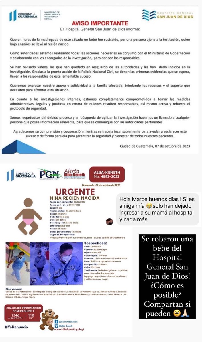 RT PORFIS. Se robaron una bebé del hospital San Juan 😭💔 

<a href="/marcefitnessgt/">Marcela</a> compartió la info! Porfis compartan y pidamos mucho a Diosito por la mami y la bebé. 

<a href="/vichoguate/">Vichoguate</a>
