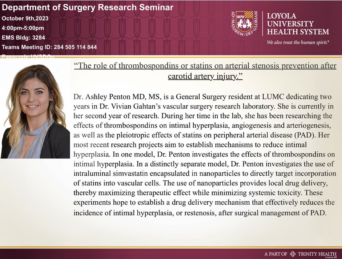 Tomorrow is a research seminar for the department of surgery with @Ashley_A_Penton presenting. Our residents pursue their interests in #surgicalresearch which leads to really interesting topics. @LoyolaSurgery @VivianGahtanMD @BAulivolaMD @LoyolaVascular