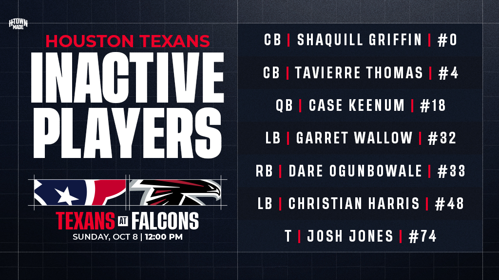 HoustonTexans's tweet image. Inactives for #HOUvsATL ⤵️