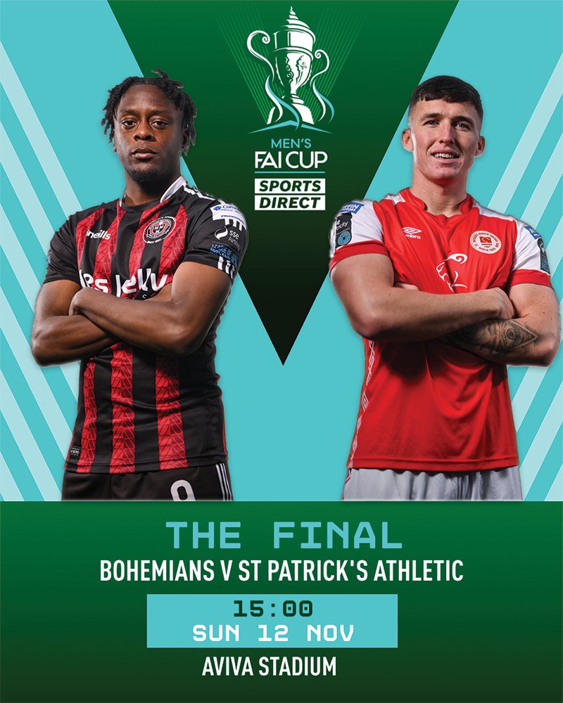The 2023 Sports Direct Men's FAI Cup Final ✊

Reminder that tickets for Bohs and St Pat's fans will be available on Tuesday at 12pm noon!

Neutral tickets are available now at fai.ie/tickets

The draw to designate official home and away teams will be tomorrow. 

#FAICup