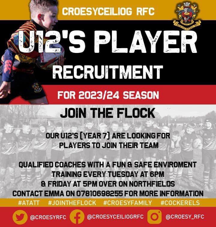 Join the flock! Croesyceiliog U12's (Year 7 are currently looking to bolster their existing squad. Coaches are WRU qualified and DBS approved. A great bunch of lads looking to improve on last season achievements, no experience needed. <a href="/Croesype/">Croesype</a> <a href="/CwmbranHigh/">Cwmbran High School / Ysgol Uwchradd Cwmbran</a> <a href="/WestMonPE/">West Monmouth PE</a> 
🐓🏉🐓
