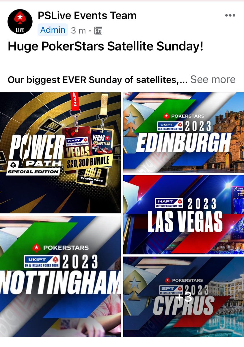 For any of my poker friends…  if you don’t play satellites, you should tonight!

Over $250k GTD including x8 power path gold passes worth 10k each, tonight they can be used to get a 20k Las Vegas F1 &amp; poker bundle for yourself &amp; a guest.

More info here:
facebook.com/groups/PSLiveA…