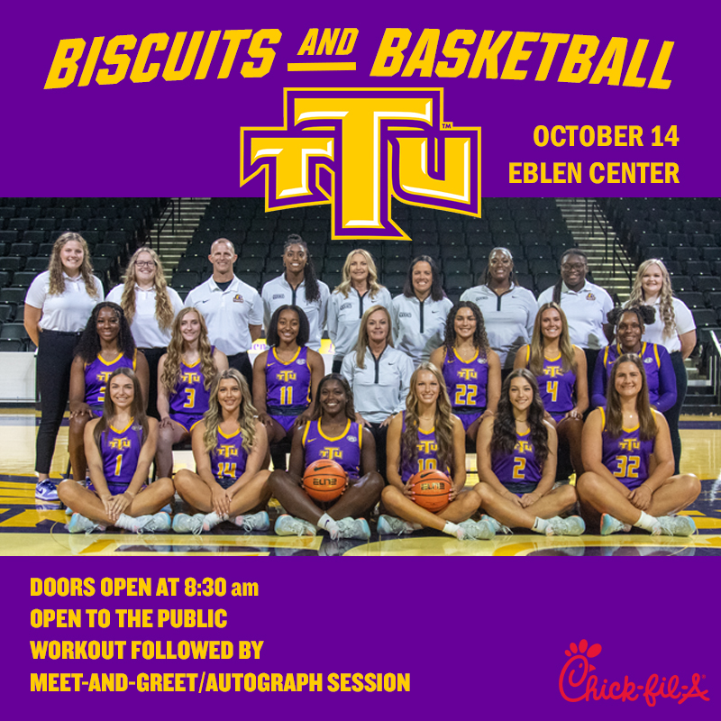 TTUWBB's tweet photo. Join the Tennessee Tech women's basketball team on Saturday for Biscuits and Basketball! This is a free event with Chick-fil-a biscuits (while supplies last), a workout session for the team and an autograph/meet-and-greet session afterward. Eblen Center doors open at 8:30 am! https://t.co/crs8paieo6