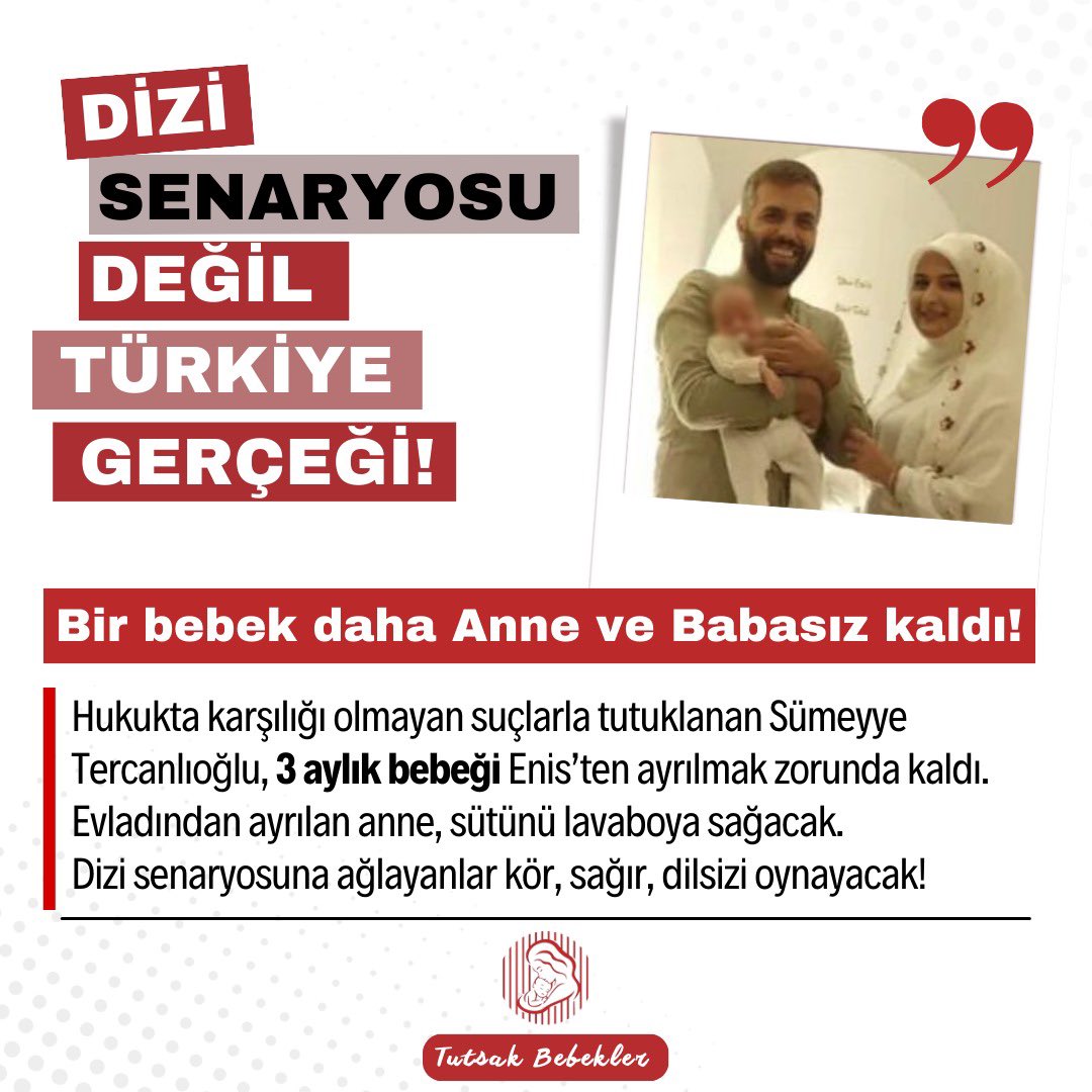 TutsakBebekler's tweet photo. Bir tarafta cezaevinin kötü şartlarında büyümesin diye anne sütü ve şefkatinden mahrum bırakılan Enis bebek, diğer tarafta bebeğinin hasreti ile yanan bir anne!
AİHM’in suç değil dediği suçlamalar ile anne babasız bırakılan bir bebekten bahsediyoruz Sn. @asyanikomeroglu ,
siz de bir annesiniz.
Lütfen ses verin ÜçAylıkBebek AnnesizKalmasın