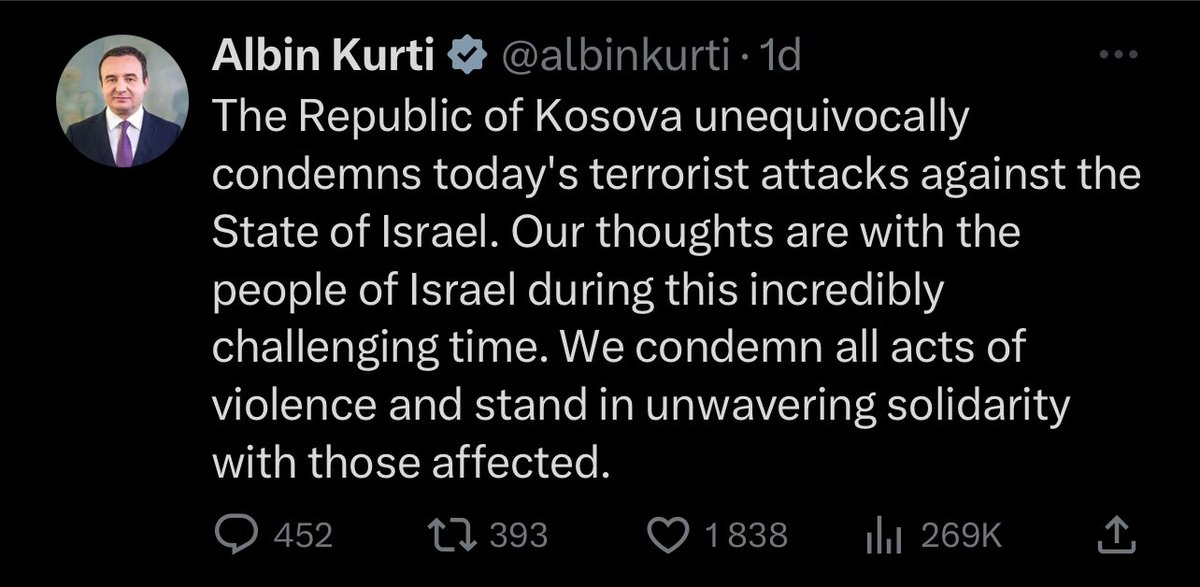 Albin Kurti dje, dhe A’lipin Kur-di sot

——
Kundër dhunës dhe masakrave mbi palestinezët në Rripin e Gazës

Situata e krijuar në Rripin e Gazës është tronditëse jo vetëm për popullin palestinez por për mbarë botën. Mediat raportojnë mbi 100,000 palestinezë të zhvendosur nga