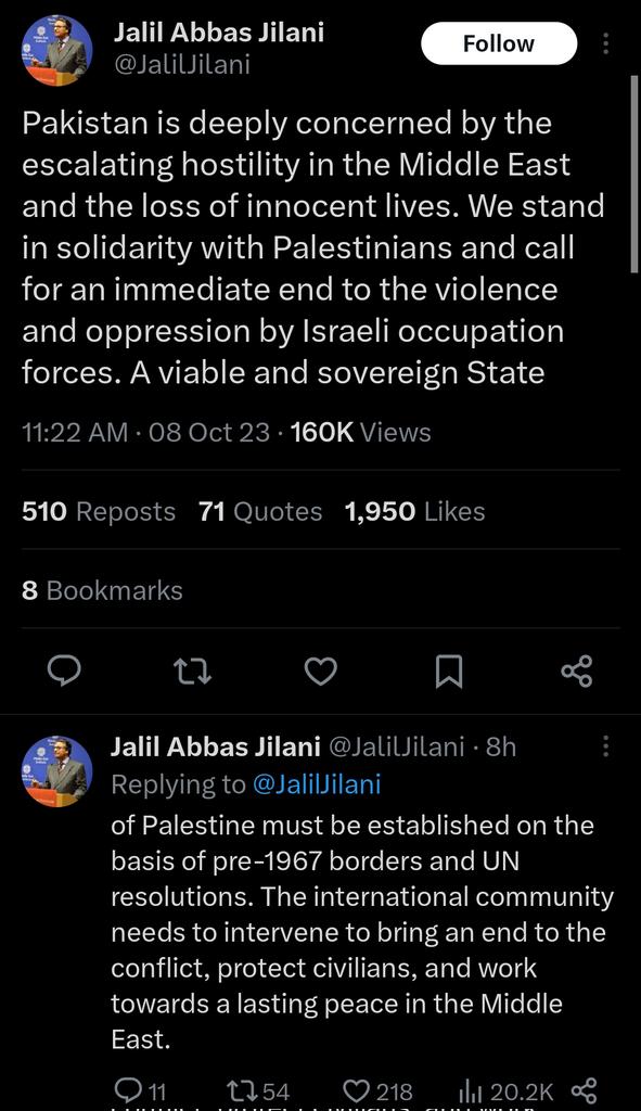 PakDefForum's tweet photo. We (Pakistan) stand in solidarity with Palestinians and call for an immediate end to the violence and oppression by Israeli occupation forces.
🇵🇰 caretaker Foreign Minister Jalil Abbas Jilani.
#Pakistan 🇵🇰🇵🇸#Palestine
#Gaza https://t.co/l9j1Zn3Tll