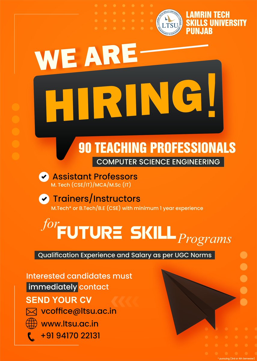 lamrinuniv's tweet photo. Interested candidates must immediately contact
vcoffice@ltsu.ac.in
#CMOPunjab #hiring #hiringnow #MTech #employment #employmentagency https://t.co/2ca3zySf31