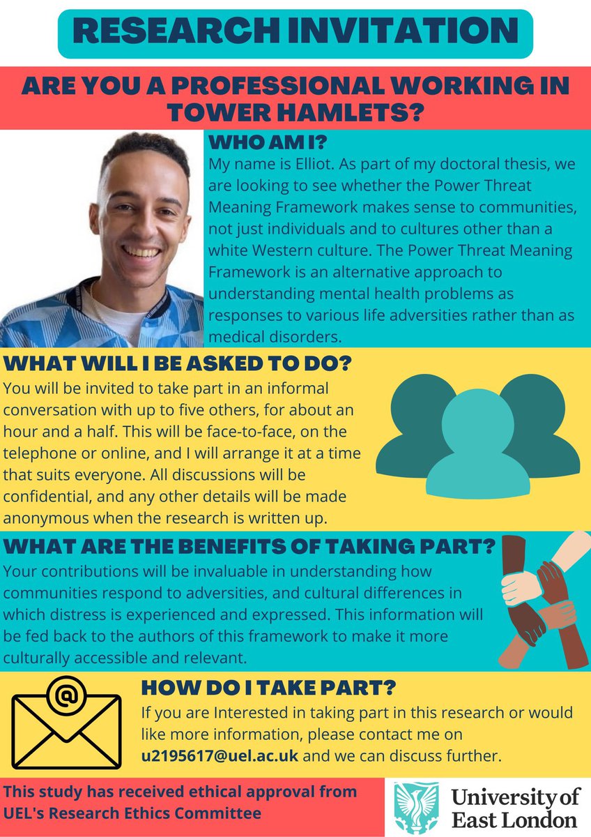 elliotlmiller's tweet image. Still really needing people working in #TowerHamlets to participate in a focus group for my study exploring how different cultures make sense of distress and how communities respond to adversities! Please contact me if interested! #PTMFramework @PTMFramework @TowerHamletsCVS