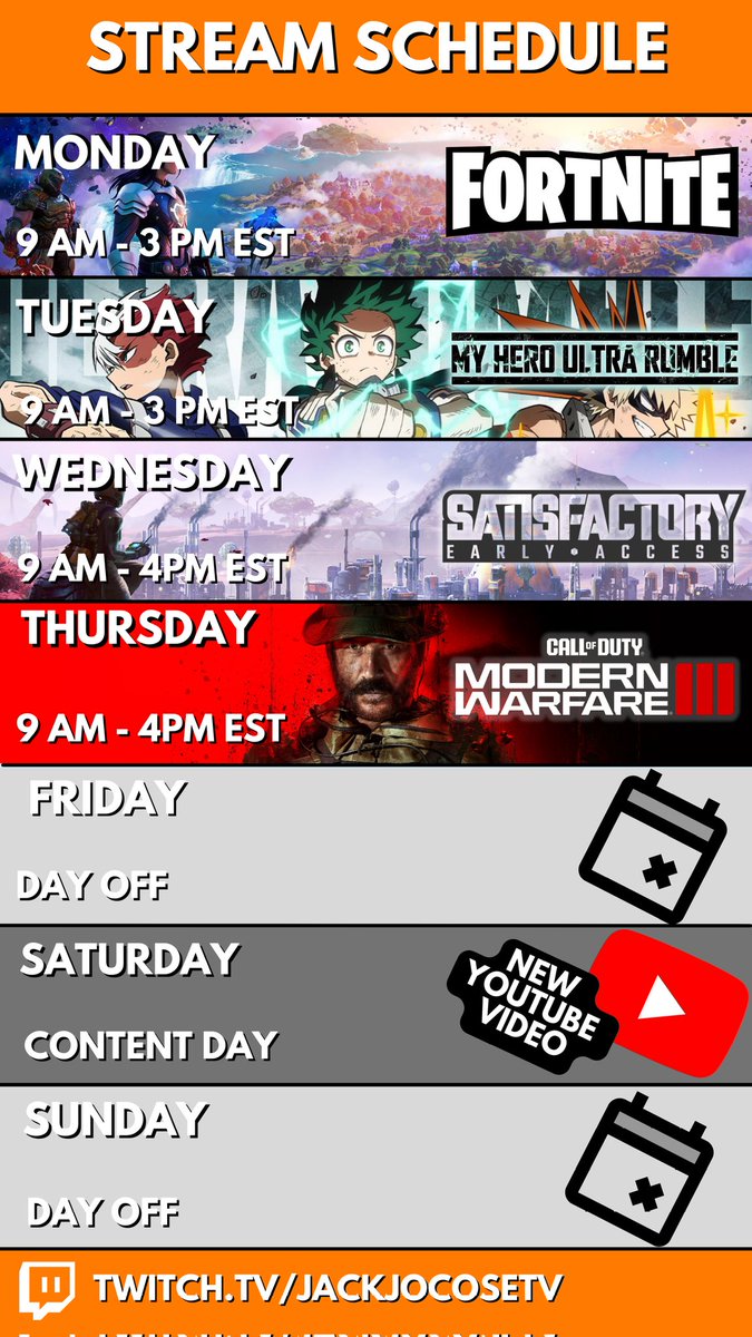 This Weeks Stream Schedule!🦘
.
.
.
.
#fortnite #myheroacademia #satisfactory #callofduty #MW3