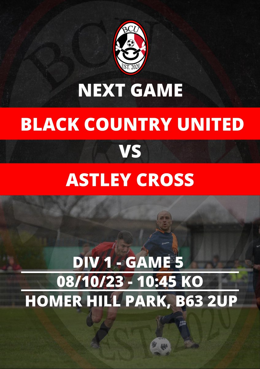 BCU_FC's tweet image. This Sunday, we play our fifth league game, HOME VS Astley Cross.

BCU will look to carry on unbeaten in the league, and hopefully remain top of the Division 1 table.
🔴⚪️