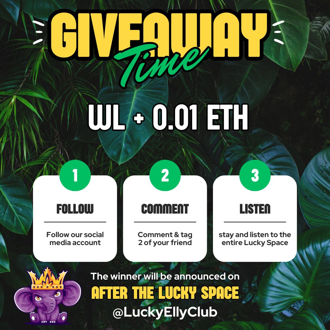 LuckyEllyClub's tweet photo. LEC JungleTalks: Pop-Up Shill &amp; Chill Space Edition! 🌴

Prizes: WL +0.01 ETH 

To enter: 📋
1⃣ Follow @LuckyEllyClub 
2⃣ Tag 2 friends 
3⃣ Listen to the entire space 👂
https://t.co/FFBKV3ZJG5

#NFTCommunity #NFTGiveaway #NFT #NFTS #ETH #LuckyElephantClub #twitterspace https://t.co/dlKxgpOuA4