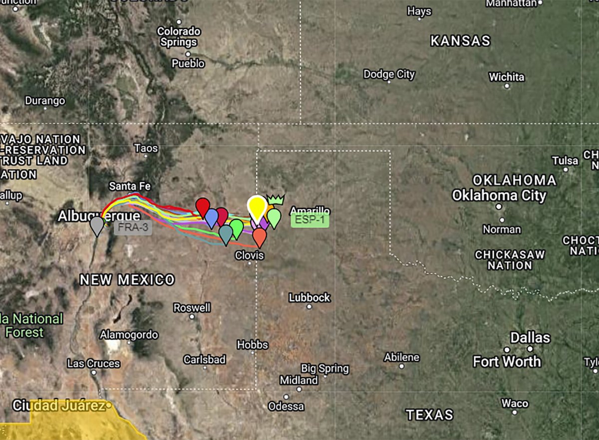gb_fai's tweet photo. Not spy balloons! Please share to help us ensure that pilots are safe. The #gordonbennett race launched yesterday from Albuquerque and most of the balloons are flying east towards Virginia. You can see the live position of the balloons on https://t.co/r2TNsUAOCT. #gb2023 https://t.co/ikt7zxwg1e