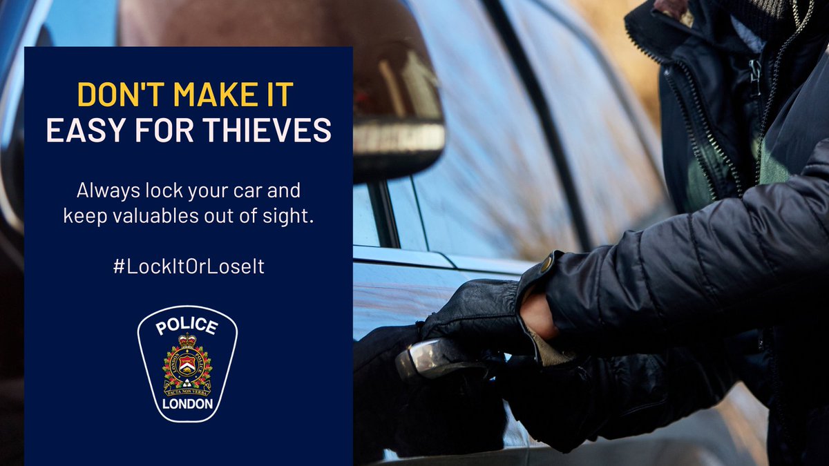 lpsmediaoffice's tweet photo. Keep your vehicle locked at all times when unoccupied and remove any valuables or items in view. 🔒 It only takes seconds for thieves to enter and steal your belongings when the door is unlocked. If you see suspicious behaviour, report it. #LockItOrLoseIt https://t.co/akZdpt2AQM