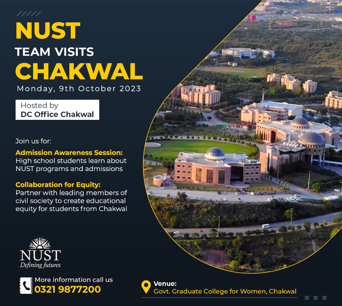 انٹرمیڈیٹ کے بعد کیا کریں؟؟؟ 
ہمیں یہ کوئی بتانے والا نہیں ہوتا جس کی وجہ سے ہر سال ہزاروں سٹوڈنٹس غلط پروگرام جوائن کرکے فیوچر کی تباہی کر بیٹھتے ہیں لیکن چکوال میں ایسا نہیں ہوگا، انشاءاللہ کل نسٹ یونیورسٹی کے تعاون سے سٹوڈنٹس کے لیے فیوچر کونسلنگ سیشن ہوگا، کہاں داخلہ لیں،