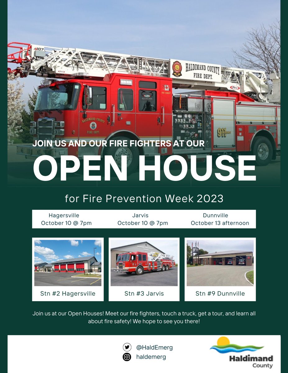 Join us at our Open Houses for Fire Prevention Week! Hagersville fire fighters will be around on October 10th at 7pm, Jarvis fire fighters will be around the same day at 7pm, and Dunnville fire fighters will be around on October 13th in the afternoon. We hope to see you then!