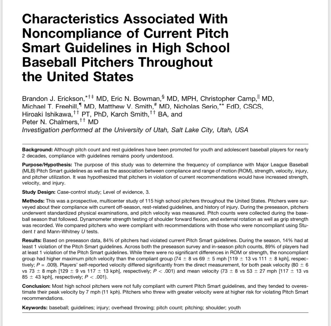 New @OJSM_SportsMed study on pitch guidelines in HS athletes: ▫️89% violated @MLBPitchSmart guidelines ▫️Pitchers w/ ⬆️ velo more likely to violate 🔑: These both ⬆️ risk for injury and are likely compounding one another tinyurl.com/mweywkcr @EricBowmanMD #SaveTheElbows