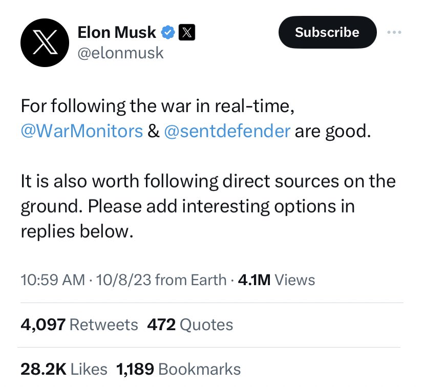 Elon Musk boosting two regular fake news posters who have historically posted debunked videos neither are on the ground or verify. both have shared AI-generated videos in the past as real. they just share any garbage they come across to rack up views.