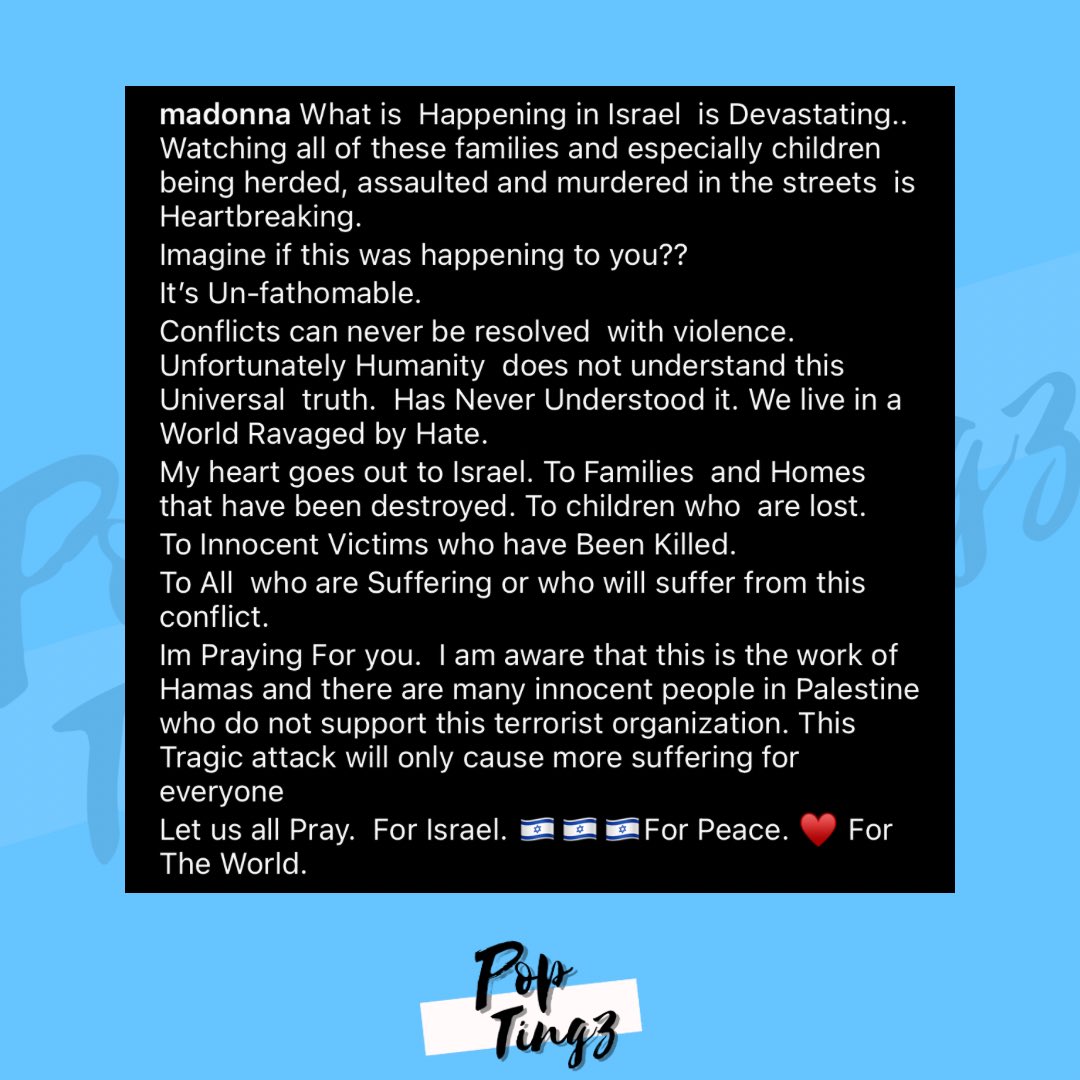 Madonna has voiced her support for Israel in new Instagram post.