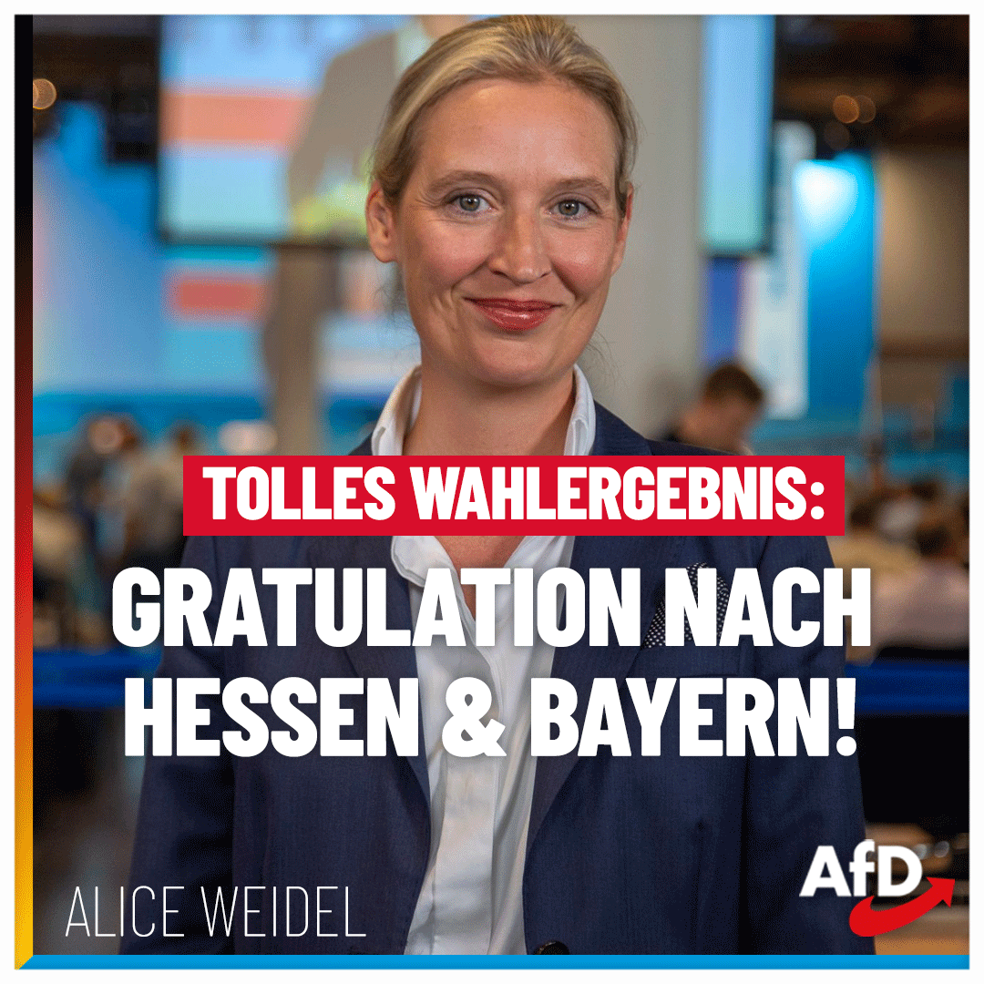 Alice_Weidel's tweet photo. Ein "Weiter so" kann es für die Ampel nach diesem desaströsen Ergebnis nicht geben. Die Bürger haben in Hessen & Bayern klargemacht, dass sie genug haben von Entmündigung, Enteignung und einer Migrationspolitik, die durch nichts zu rechtfertigen ist. Danke für die große Unterstützung! #AfD #Bereitfuermehr