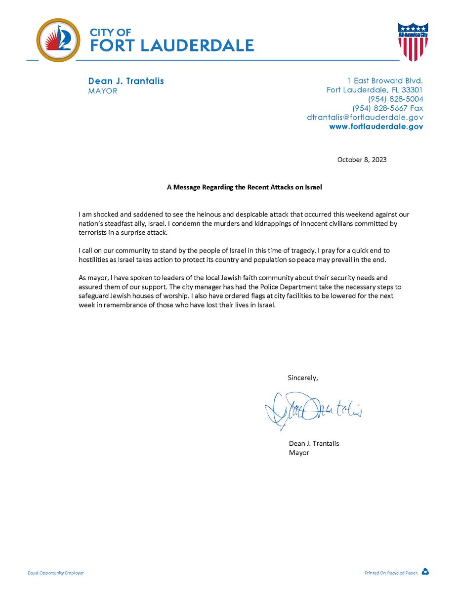 FTLCityNews's tweet photo. A Message from Mayor @DeanTrantalis regarding the recent attacks on Israel: https://t.co/ZyHKHGvikR https://t.co/mh4tVS1BNY