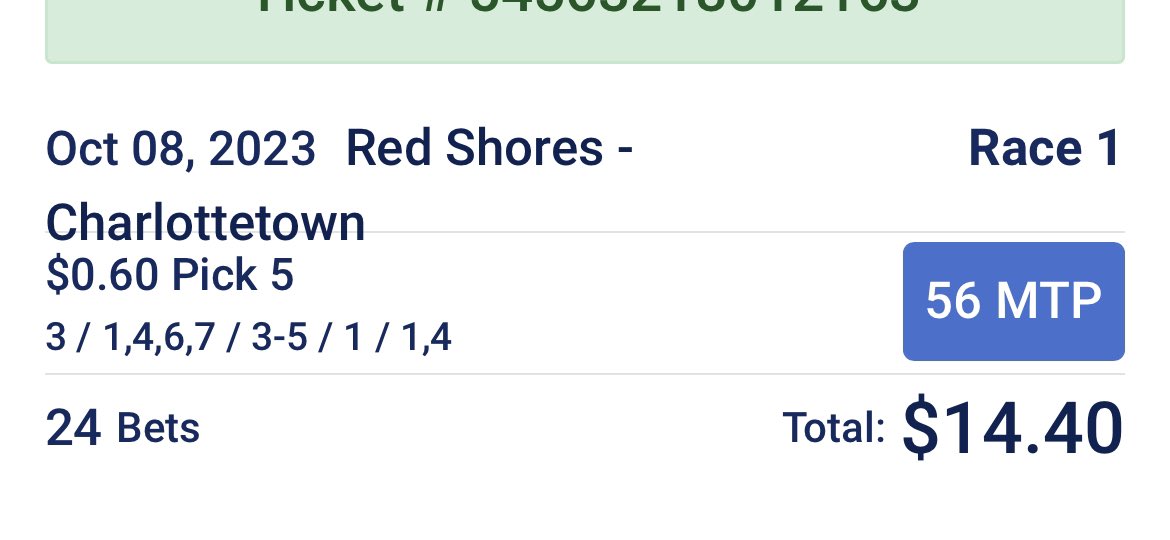 Here’s my Pick 5 ticket at approximately 25 minutes to post <a href="/Red_Shores/">Red Shores 19+</a> #PlayCharlotteetown