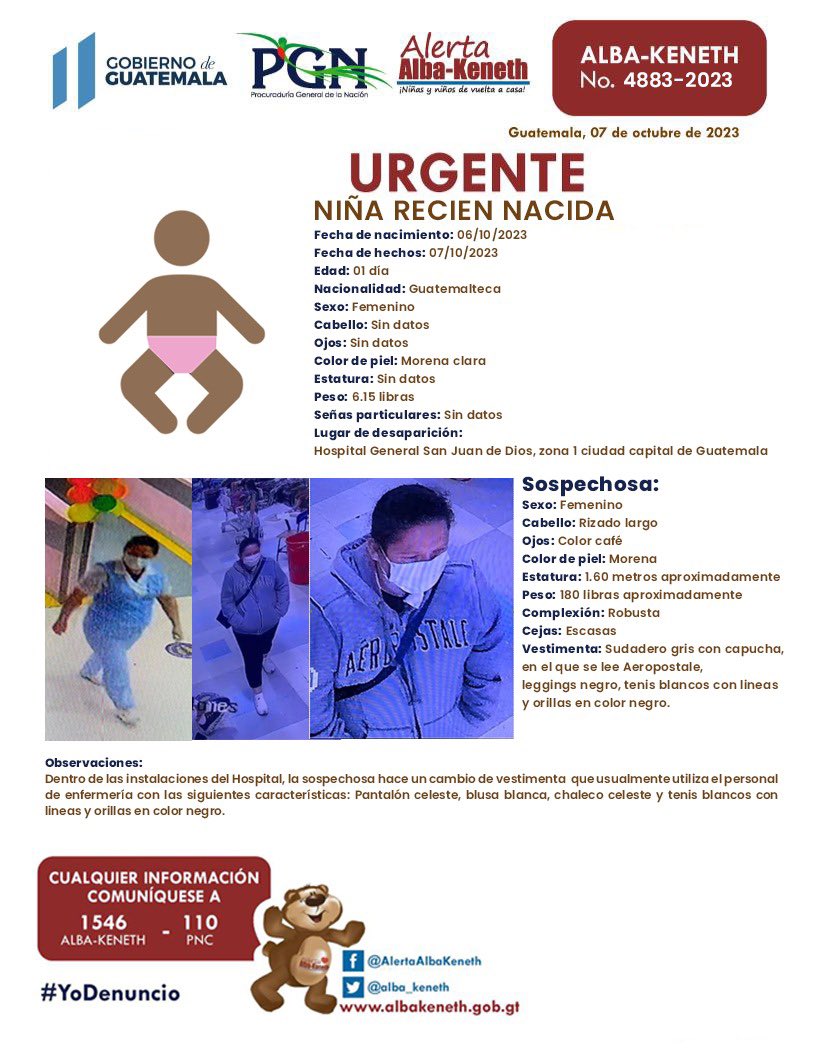 ¡Ayúdanos a encontrar a esta menor desaparecida en Guatemala!⚠️

Si tienes alguna información, comunícate a los teléfonos:
☎️ 1546
☎️ 110
#AlertaAlbaKeneth