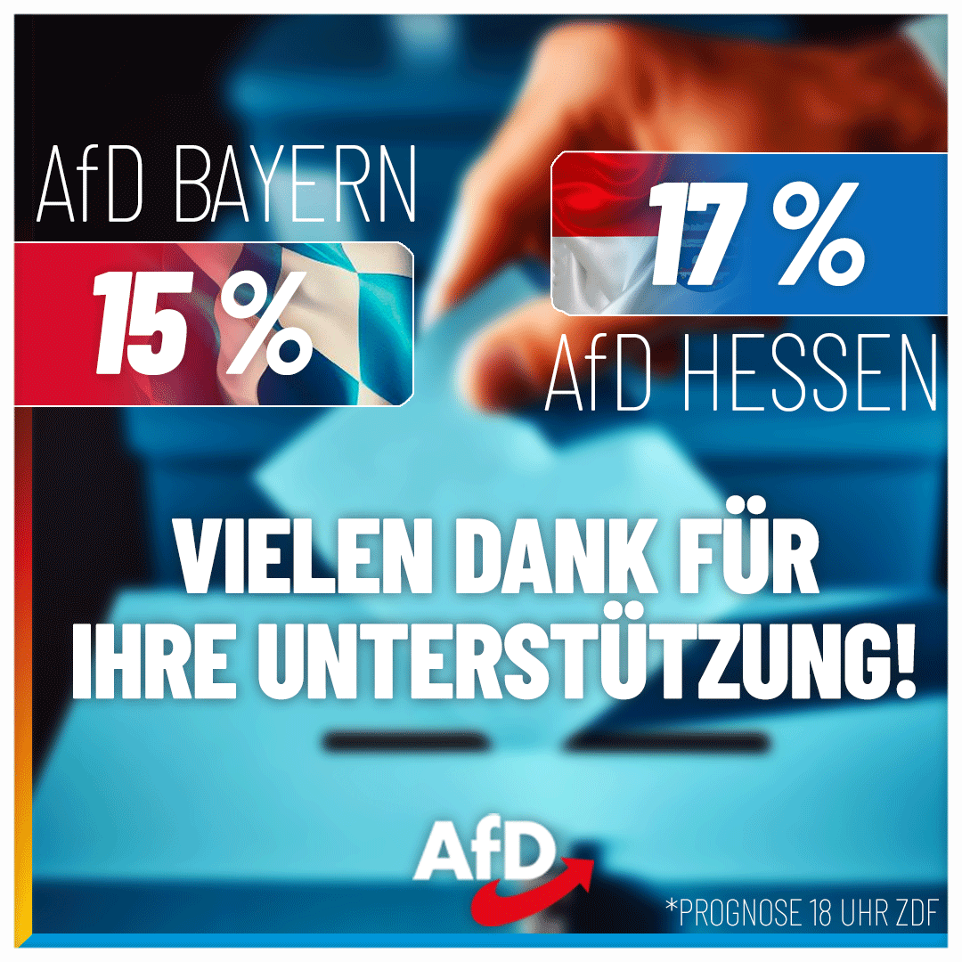 AfD's tweet photo. Riesiger Erfolg für die #AfD: In #Bayern und #Hessen nach der ersten #ZDF-Prognose zweitstärkste Kraft, schwerer Dämpfer für die Ampelparteien. Herzlichen Dank an alle Wähler und Wahlkämpfer! #Bereitfuermehr https://t.co/eUKcnczPPs