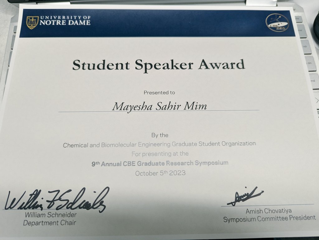 So happy to have won a Student Speaker Award from CBE Symposium 2023! 
Thanks to my PI, labmates, collaborators and the organizers from <a href="/nd_cbegso/">CBEGSO</a> and <a href="/NDCBE/">Notre Dame CBE</a>.