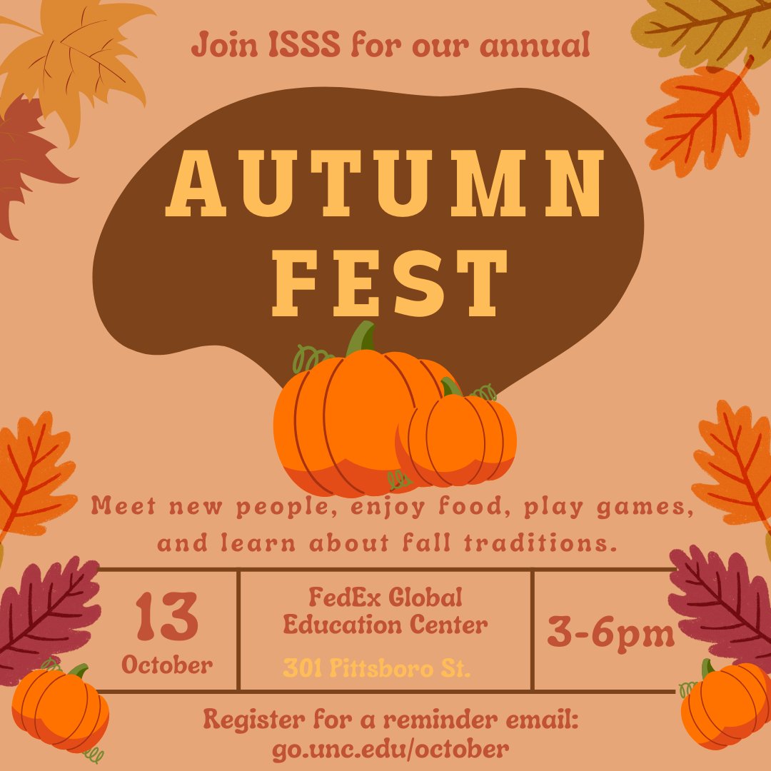 Interested to celebrate autumn &amp; taste the flavors of fall with your fellow international scholars? 
<a href="/ISSS_UNCCH/">ISSS at UNC Chapel Hill</a> has organized this event for you to join! 
Members of International Postdoc Alliance will be present to meet with you!
isss.unc.edu/event/autumn-f…