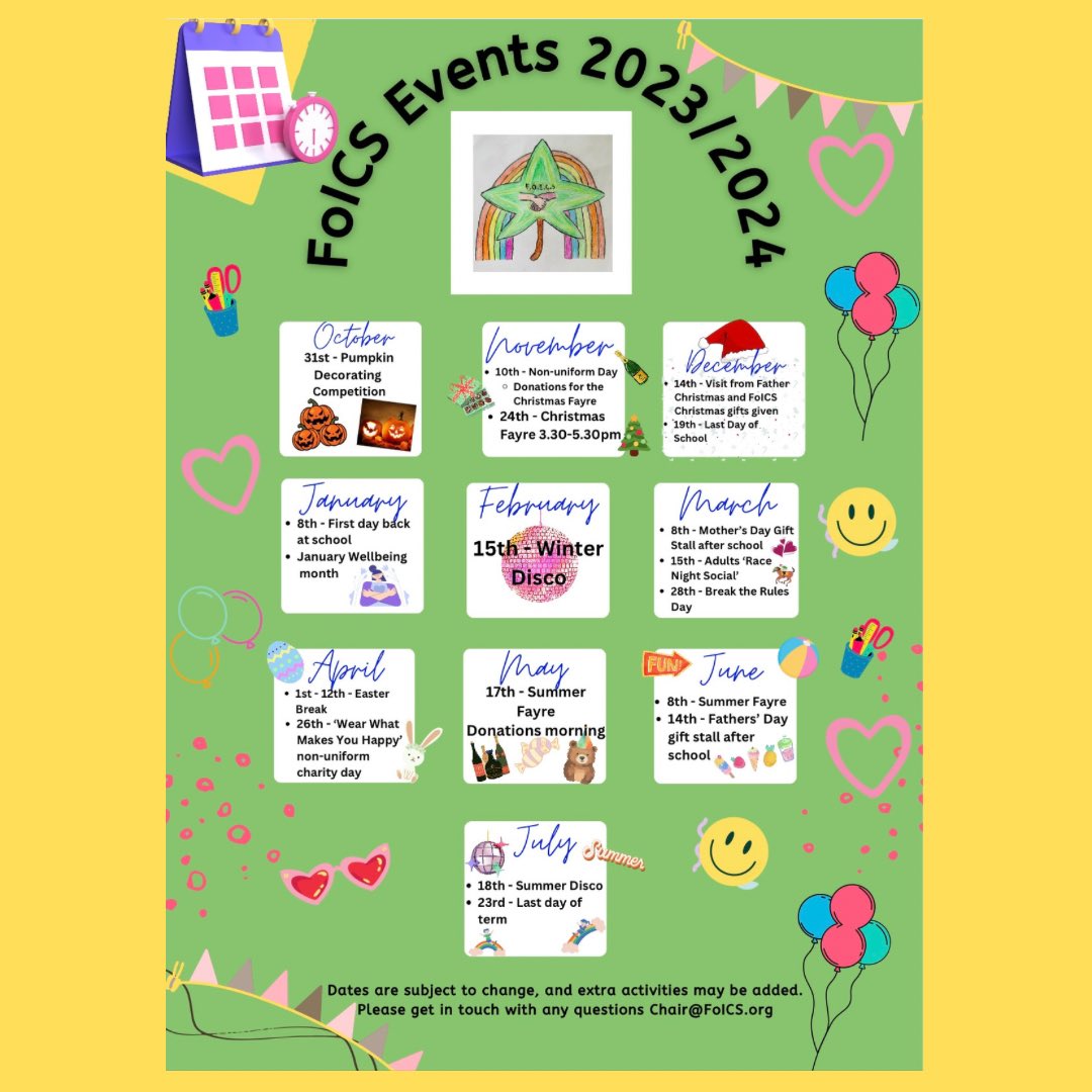 Hello from @FOICs at @IvyChimneys School! FoICS Dates for your diary! 2023/2024 🌟 We would love any volunteer help at the school. Kindly email, chair@foics.org for more information. Thank you.