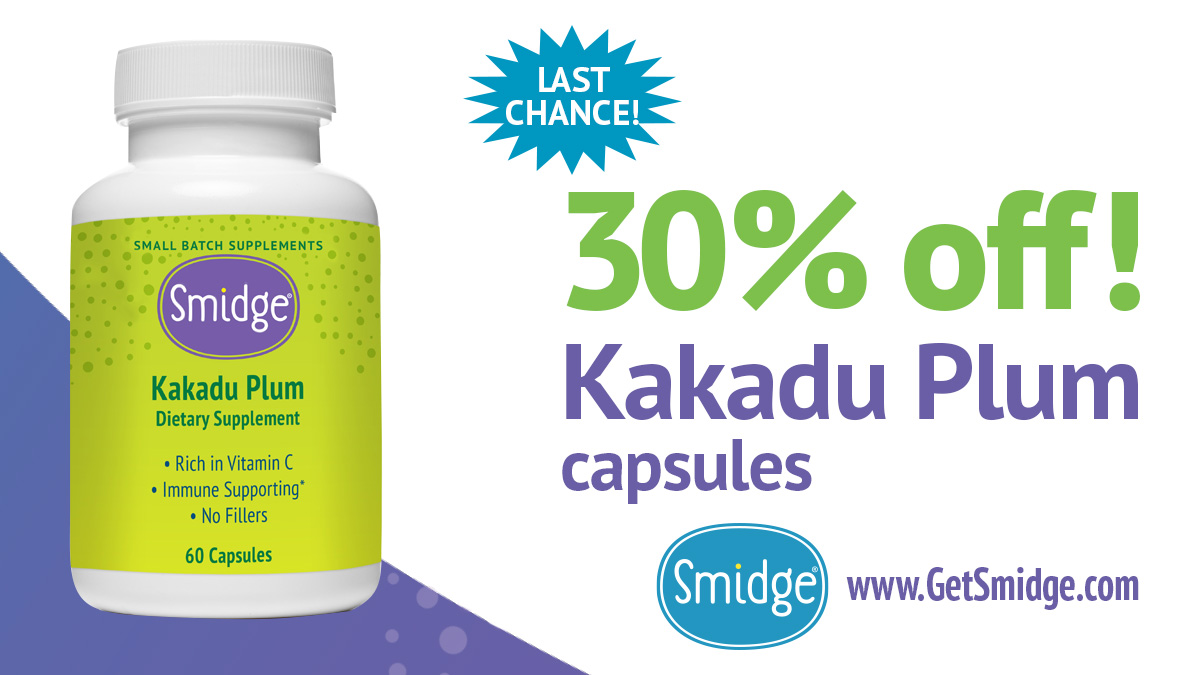 Last chance for 30% off Smidge® Kakadu Plum capsules! 

Pure, real food #vitaminC from the Australian #KakaduPlum, the highest natural source of vitamin C from Australia; no ascorbic acid or fillers. Stock up now for fall immune support. 💜 
getsmidge.com/products/kakad…