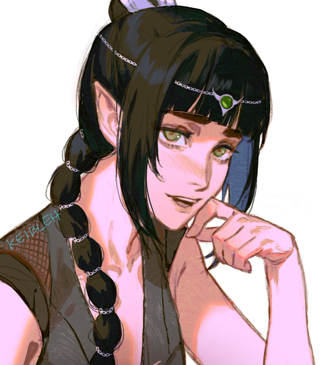 solo 1girl braid pointy ears black hair green eyes white background  illustration images