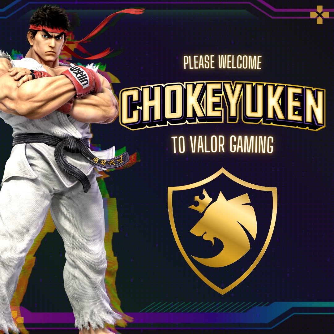 ValorGamingOrg's tweet photo. Let’s make it official, shall we?
Please join us in welcoming @Chokeyuken to the Valor Gaming organization, our Smash Bros. flagship talent. One of Puerto Rico’s very own and a top local player looking to continue to grow in the gaming community.
Welcome to the #ValorPride 🦁💜 https://t.co/1JGLCgOCCA