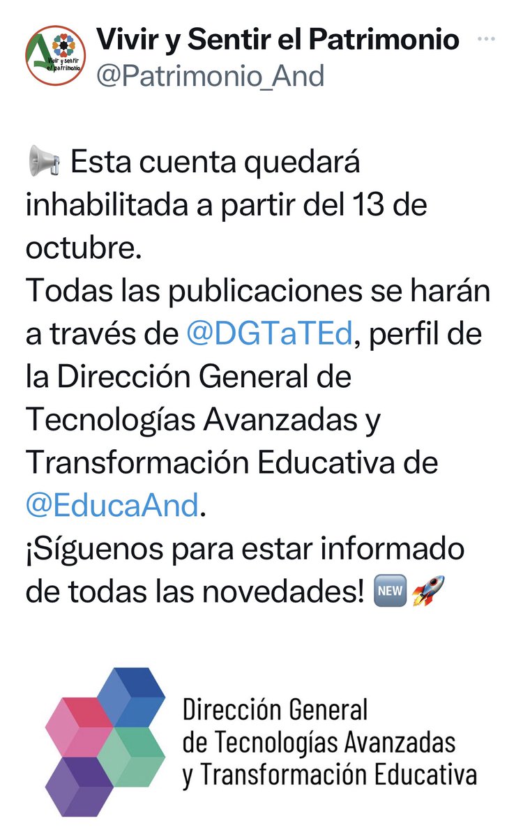 <a href="/Patrimonio_And/">Vivir y Sentir el Patrimonio</a> @DGTaTEd <a href="/EducaAnd/">Consejería Desarrollo Educativo y FP</a> Desde la cuenta <a href="/Patrimonio_And/">Vivir y Sentir el Patrimonio</a> numerosos Centros Educativos han colaborado enviando información de sus actividades para que se publicaran, lo que permitía que los alumnos conocieran, valoraran y difundieran nuestro Patrimonio. Con la inhabilitación se pierden años de trabajo.