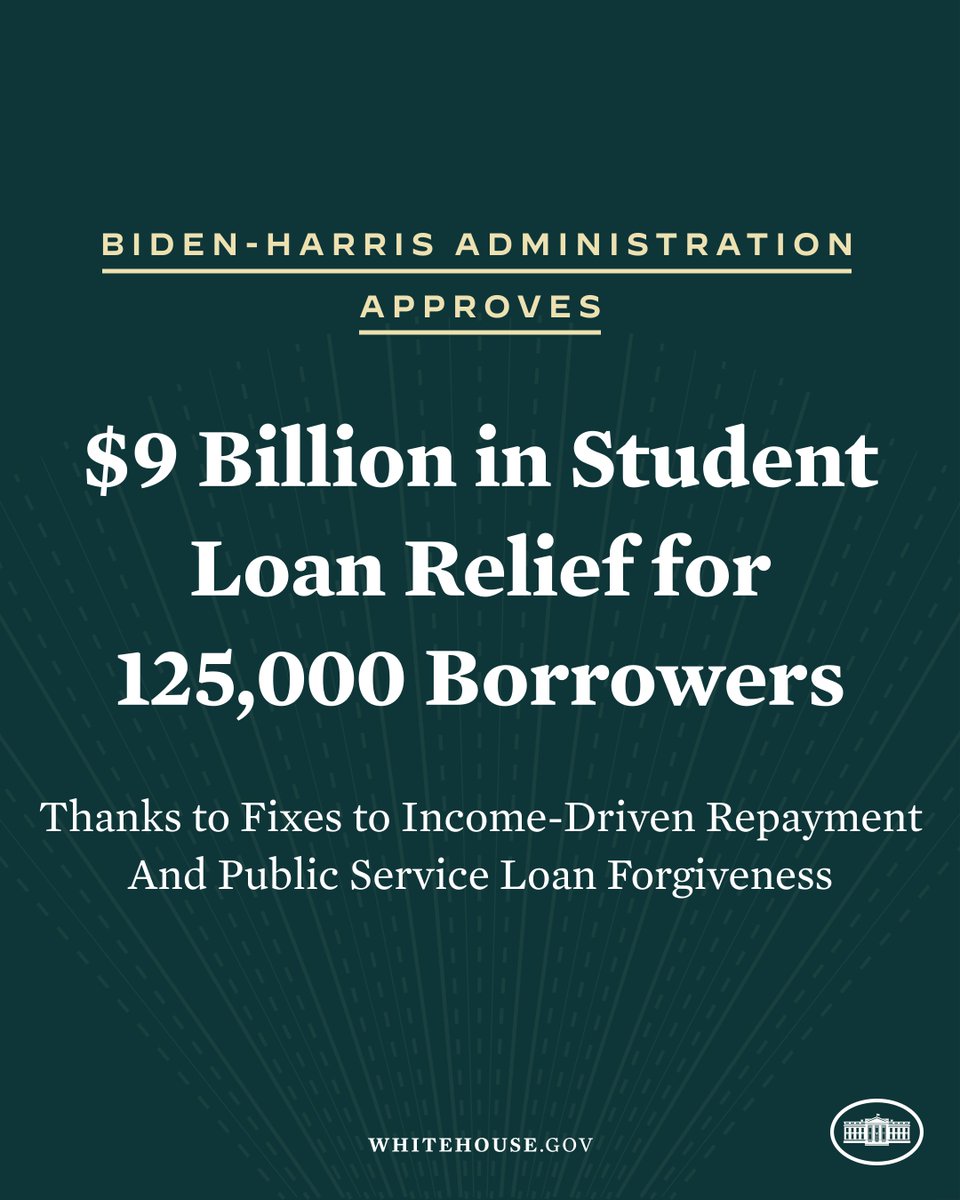 WhiteHouse46's tweet image. This week, President Biden announced an additional $9 billion in student debt relief for 125,000 Americans – bringing the total approved debt cancelation by the Administration to $127 billion for nearly 3.6 million Americans.

We’ll keep fighting for more relief.